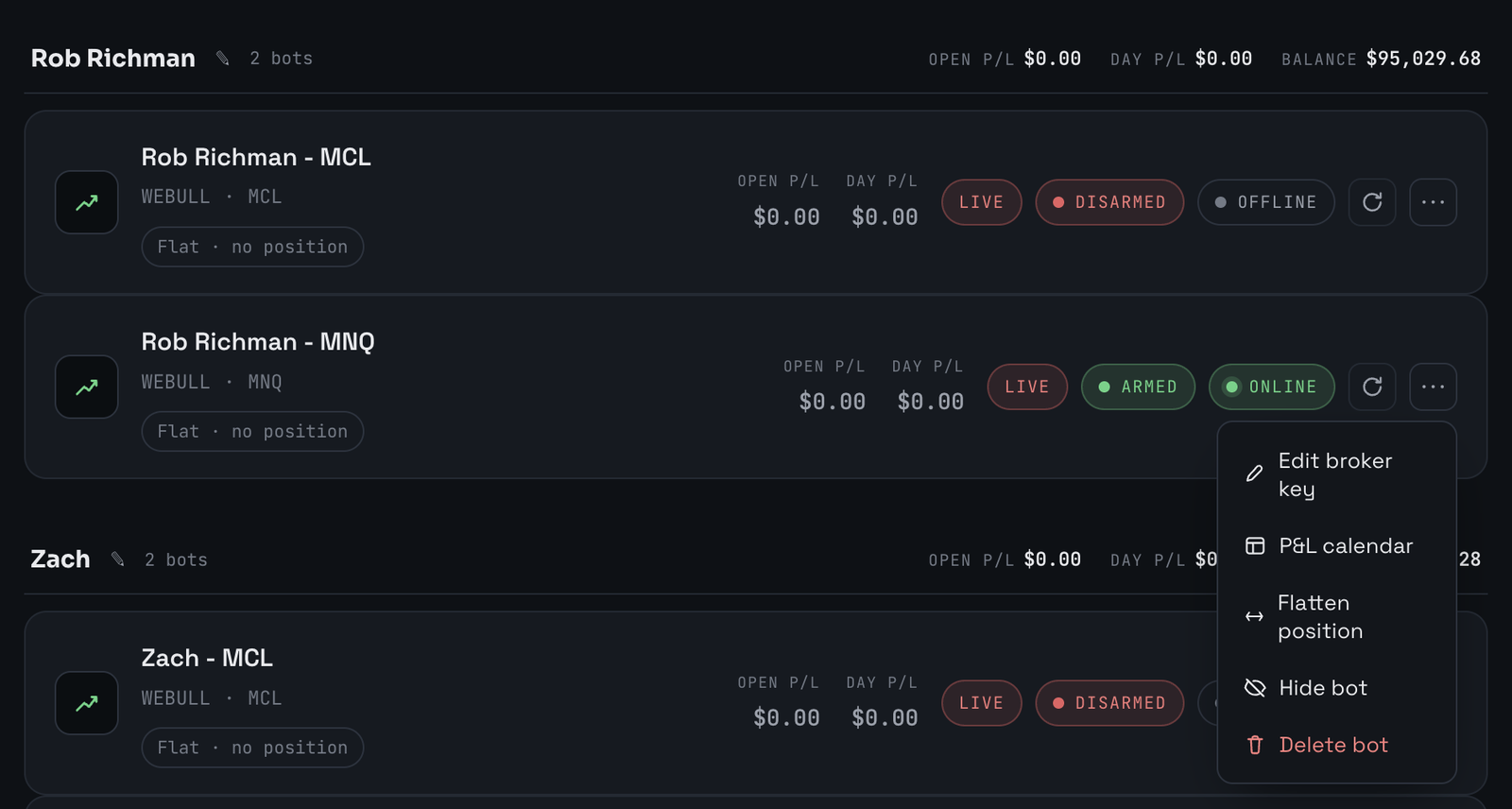 The bot actions menu